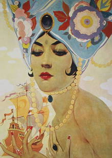 Exotic Beauty with Ship, Signed Limited Edition Print by Alberto Vargas: This striking limited edition print by the legendary pin-up artist Alberto Vargas captures an exotic and mysterious woman adorned in opulent jewelry and a vibrant floral headdress, gazing serenely at