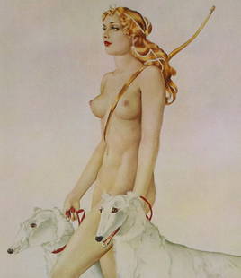 Alberto Vargas “Diana the Huntress” Signed Limited Edition Lithograph: This captivating limited edition lithograph by Alberto Vargas features a striking portrayal of a nude blonde huntress, evocative of the mythological Diana, posed with two elegant white hounds. Execute