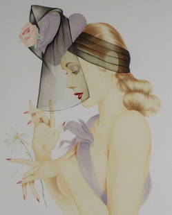 Alberto Vargas Signed Lithograph - Lady in Veil with Daisy: This elegant signed lithograph by renowned pin-up artist Alberto Vargas features a poised young woman in soft pastel tones, adorned in a lavender dress and a dramatic black veil with a pink rose and v