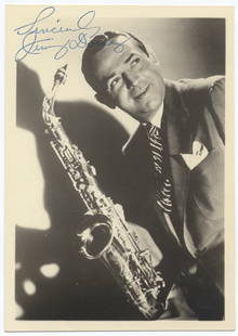 Jimmy Dorsey Signed Photo Postcard (7" x 5"): Vintage 7 x 5 inch photo postcard signed by legendary bandleader and saxophonist Jimmy Dorsey in blue ink. A central figure of the swing era, Dorsey was known for his virtuosic clarinet and saxophone