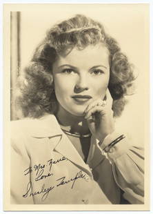 Shirley Temple Signed Vintage Photo Postcard (7" x 5"): Beautiful 7 x 5 inch sepia-tone photo postcard signed by iconic child star Shirley Temple, inscribed “To Mrs. Farra, Love, Shirley Temple” in black ink. Captured in her teenage years, this