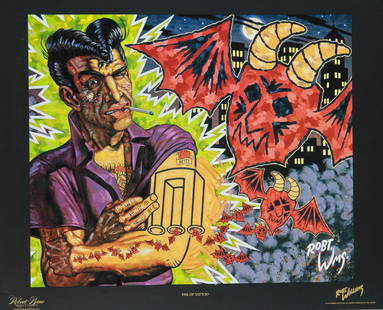 The Op Tattoo by Robert Williams (1993): This vivid and irreverent 1993 lithograph titled The Op Tattoo by celebrated underground artist Robert Williams features a bold, caricatured figure flaunting surreal tattoos that come to life, burstin