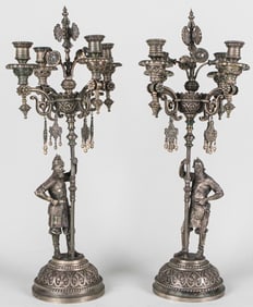 Pair of Russian Silver Figural Candelabra by Sazikov, Early 1900s