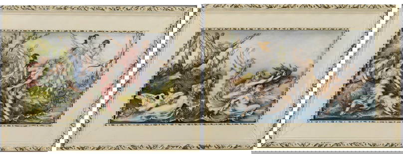 Pair of European Porcelain Plaques with Mythological Scenes, Late 18th Century: A finely executed pair of European porcelain relief plaques, dating to the late 1800s, each vividly painted and molded in high relief to depict mythological scenes of classical maidens in bucolic and