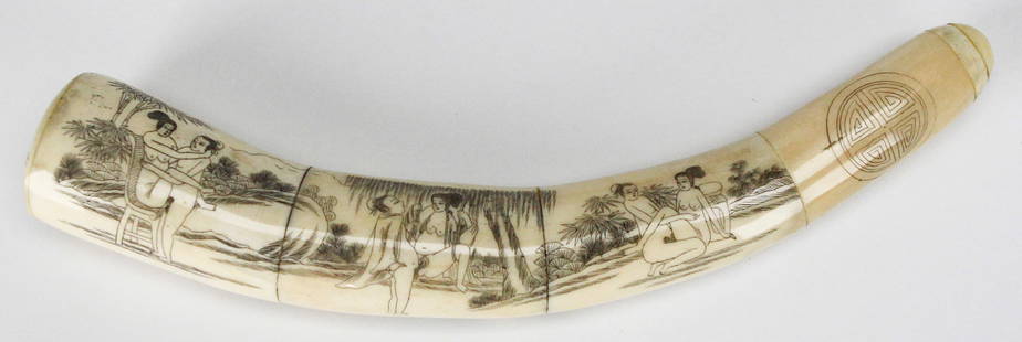 Antique Erotic Carved Ox Bone Phallic Object: This unusual antique erotic object is meticulously carved from ox bone and measures approximately 11.25 inches in length and 2 inches in diameter, weighing 1.25 pounds. Likely intended as an exotic