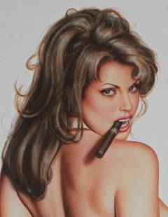 Olivia De Berardinis Lithograph Signed by Artist and Model, 31/300: This striking limited edition lithograph by famed pin-up artist Olivia De Berardinis features a confident brunette beauty in a provocative pose, glancing over her shoulder with a cigar playfully held