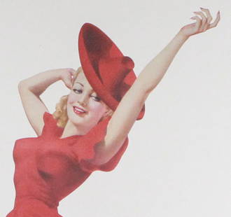 Vargas Lithograph – Lady in Red, Limited Edition (32/100): This striking limited edition lithograph by renowned pin-up artist Alberto Vargas features a glamorous blonde model in a vibrant red dress and matching wide-brimmed hat, striking a playful and elegant