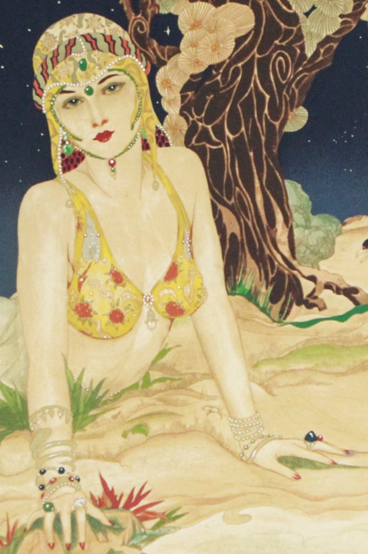 Alberto Vargas “Exotic Dream?? Lithograph, 1930, Edition 174/350: This exquisite limited edition lithograph by Alberto Vargas, titled “Exotic Dream”, is a richly detailed and imaginative work originally created in 1930 and reissued by Elite Fine Art Ltd. The