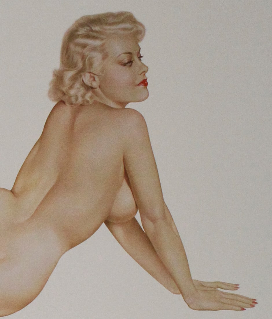 Alberto Vargas Estate Lithograph, Edition 8/50: A sensual and refined lithograph by iconic pin-up artist Alberto Vargas, depicting a reclining nude blonde rendered with Vargas's signature airbrush technique. This piece is from a limited estate edit