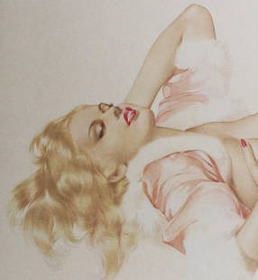 Alberto Vargas Estate Lithograph – "Blonde in Pink Heels", Edition 12/25: This captivating estate-signed lithograph by Alberto Vargas features a reclining blonde beauty in a silky pink robe with white fur trim and matching high-heeled slippers. Rendered with Vargas’s unmi