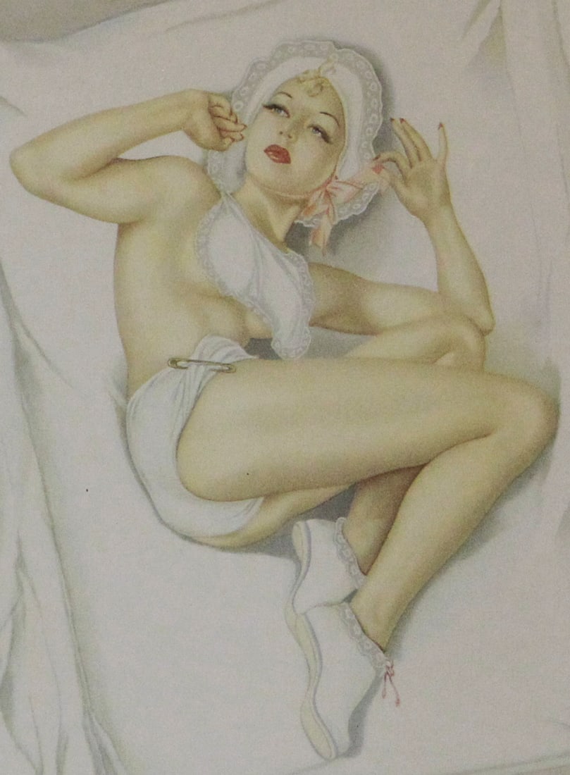 946 Alberto Vargas Pin-Up Calendar Page – January: Framed vintage pin-up calendar page by famed illustrator Alberto Vargas, featuring the "January" month from 1946. The illustration showcases a classic Vargas girl reclining in bed, wearing white linge