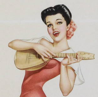 1946 Alberto Vargas Framed Calendar Pin-Up Poster – November: This original 1946 Alberto Vargas pin-up calendar poster for the month of November features a charming illustration of a woman in a red swimsuit striking a playful pose while strumming a ukulele. With
