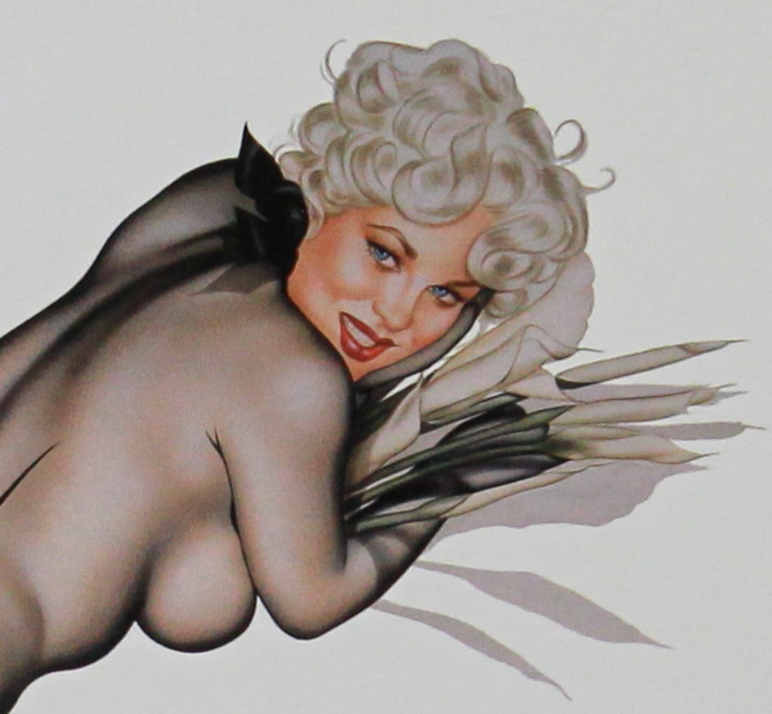 Silk Siren by K. Midley: A seductive and whimsical limited edition offset lithograph titled Silk Siren by artist K. Midley, published by Robert Bane Editions, Los Angeles. This 16 x 20-inch fine art print, produced in the 198