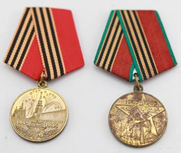 Pair of Soviet WWII Commemorative Medals (1945–1985 & 1945–1995): Two Soviet commemorative medals honoring the 40th and 50th anniversaries of victory in WWII, each suspended from traditional striped ribbons. The 1945–1985 medal features soldiers before a star and
