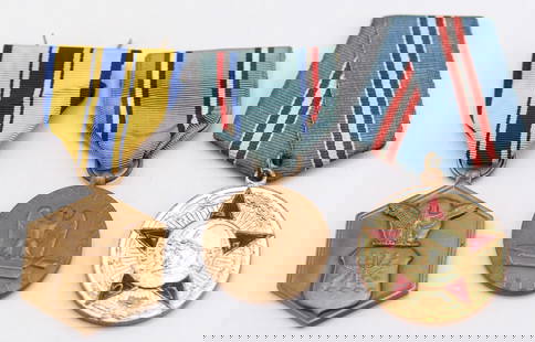 Trio of Military Service Medals – U.S. and Soviet: This lot includes three vintage military medals: a U.S. Air Force Commendation Medal with yellow and blue ribbon, a U.S. Army Good Conduct Medal marked “Efficiency, Honor, Fidelity,” and a