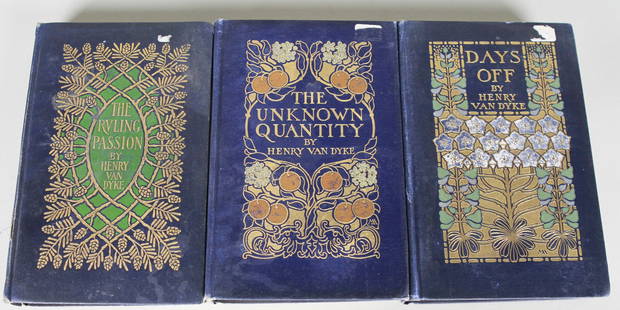Set of 3 Gilt Art Nouveau Bindings by Henry Van Dyke – The Ruling Passion, The Unknown Quantity,: This attractive set of three early 20th-century books by Henry Van Dyke, published by Charles Scribner’s Sons, includes The Ruling Passion (1921), The Unknown Quantity, and Days Off, each housed in