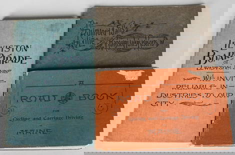 1900s Maine Booklet Trio – Lewiston Board of Trade, Rumford Falls Line, Road Book for Maine: A charming trio of early 20th-century booklets highlighting Maine's local industry, travel, and tourism. Included is the 1900–1901 Official Manual of the Lewiston Board of Trade, a promotional publi