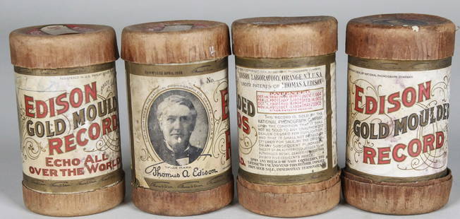 Four Empty Antique Edison Gold Moulded Record Containers – Circa 1904–1908: This lot features four empty original containers for Edison Gold Moulded phonograph records, dating from approximately 1904 to 1908. These cylindrical cases, produced by the National Phonograph Compan