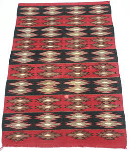 Authentic Navajo Native American Handwoven Wool Blanket – 51" x 33": This authentic Navajo Native American handwoven wool blanket measures approximately 51 inches by 33 inches and features a bold geometric pattern in deep red, black, tan, ivory, and olive hues. Woven o