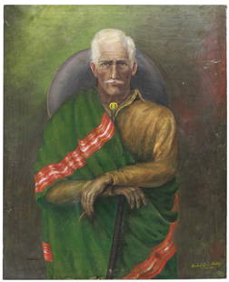 Oil on Canvas Portrait by André Louis Pichly / Seated Man with Cane (Movie Prop): Signed and dated "André Louis Pichly 12-25-25" in the lower right, this expressive oil on canvas portrait depicts a silhouetted older man seated in a green robe accented with red and gold stripes, gr