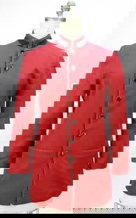 Sony Pictures Red Costume Jacket with Mandarin Collar: This tailored red costume jacket from the Sony Pictures Studios Costume Department features a sharp mandarin collar with black trim and black-and-white twisted cord piping along the front placket and