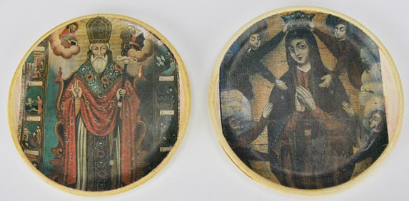 Pair of Vintage Religious Icon Plates – Virgin and Saint, 5" Diameter