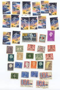 Lot of 39 Vintage U.S. and European Postage Stamps – Space & Historical Themes: This diverse lot includes 39 vintage postage stamps from the United States, the Netherlands, Germany, and France, showcasing a variety of historical and thematic designs. Among the highlights are mult