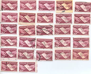 Lot of 27 U.S. 30¢ Special Delivery Stamps – Mid-20th Century: This lot includes 27 vintage U.S. 30¢ Special Delivery stamps featuring the distinctive design of a hand delivering a letter, primarily in deep rose-red tones. Issued in the mid-20th century, these s