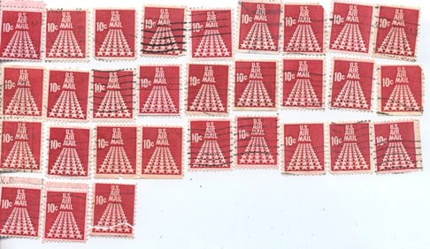 Lot of 30 U.S. 10¢ Air Mail Stamps – Red Jet Silhouette Design