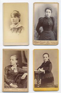 Lot of 4 Antique CDVs – Young Women Portraits from U.S. & U.K. Studios: This lot includes four original 19th-century Carte de Visite (CDV) photographs, each measuring approximately 4.25" x 2.5", depicting young women or girls in elegant period attire. Studios include nota