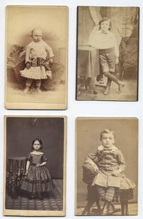 Lot of 4 Antique CDVs – Victorian-Era Children’s Portraits: This charming lot of four 19th-century Carte de Visite (CDV) photographs captures young children in formal studio settings, each measuring approximately 4.25" x 2.5". The children are dressed in perio