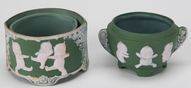 Pair of Rose O'Neill Kewpie Jasperware Style Green Ceramic Pots