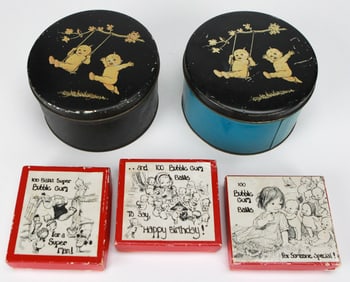 Lot of 5 Vintage Kewpie Containers – 3 Bubble Gum Boxes & 2 Coffee Tins