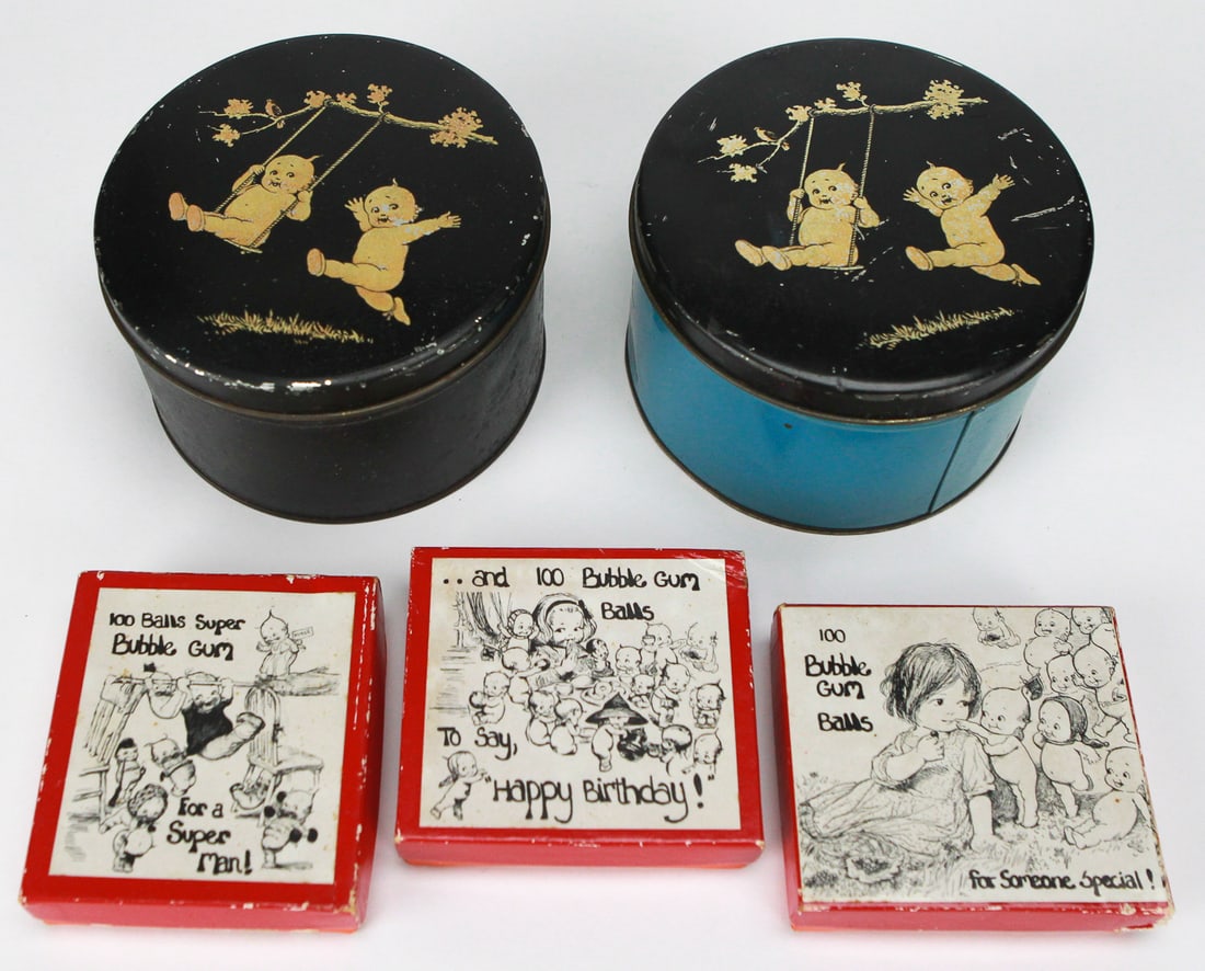 Lot of 5 Vintage Kewpie Containers – 3 Bubble Gum Boxes & 2 Coffee Tins (1 of 3)