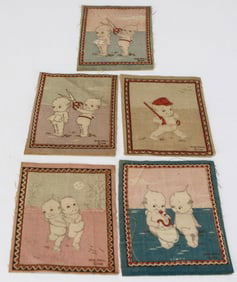 Lot of 5 Antique Kewpie Flannel Textile Panels, 1914