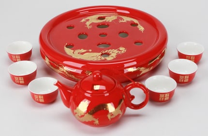 Auratic Chinese Tea Set with Dragon Motif – 6 Cups, Teapot, Drainage Bowl & Gift Box