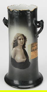 Warwick Ioga Vase with Gibson Girl Portrait, c.1900s: This rare Warwick Ioga portrait vase features a striking image of a Gibson Girl, rendered in soft sepia tones against a deep gradient black background. Made in the early 20th century, the vase measure