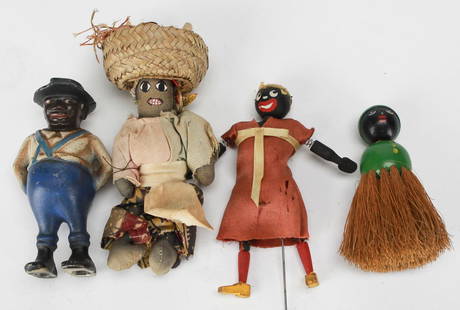 Lot of 4 African American Character Dolls Including A.C. Williams Cast Iron Bank: This lot features four vintage African American character dolls, including a cast iron farmer bank by A.C. Williams marked "Waterville, Maine," a fabric canvas doll with straw hat and patchwork clothi