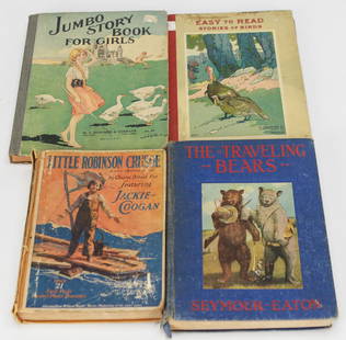 Lot of 4 Vintage Children's Books – Early to Mid-20th Century: This fun and nostalgic lot features four vintage children’s books from the early to mid-20th century, including Jumbo Story Book for Girls (M.A. Donohue & Co.), The Traveling Bears by Seymour Eaton,
