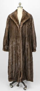 Surelle Mink Fur Coat with Matching Accessories and Receipts: This luxurious full-length mink fur coat by Surelle, Meisel-Peskin, showcases rich brown tones and a silky interior lining monogrammed with "PMS." It includes two matching mink gloves, one mink head w