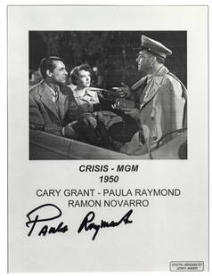 Paula Raymond Signed 8x10 Photo from Crisis (1950) with Cary Grant: This 10 x 8-inch black-and-white promotional photograph from the 1950 MGM political thriller Crisis features stars Cary Grant, Paula Raymond, and Ramon Novarro in a tense scene from the film. The