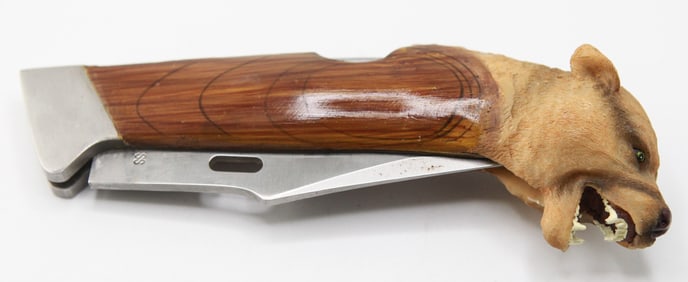 Stainless Steel Folding Knife with Carved Bear Head Handle