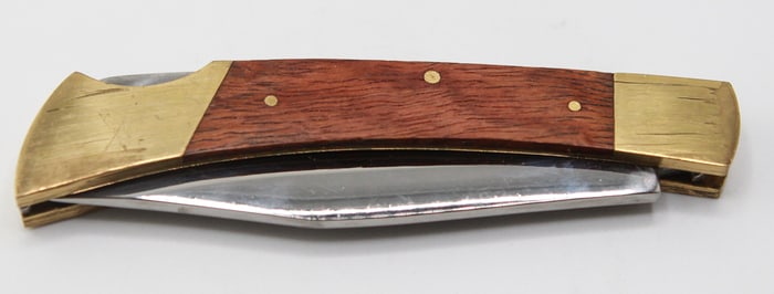 Vintage Folding Pocket Knife with Brass Bolsters and Wood Inlay