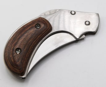Stainless Steel Folding Knife with Wood Handle and Curved Blade – 7"