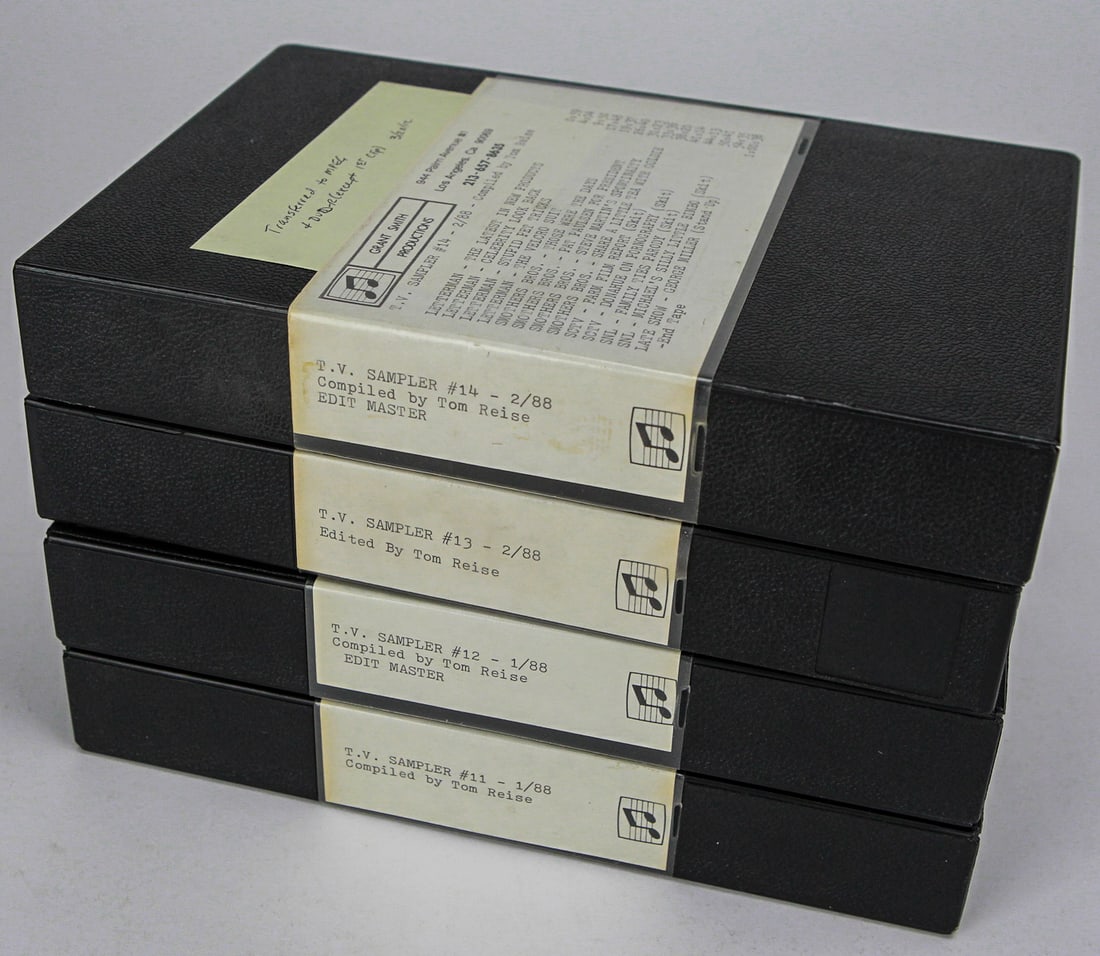 Lot of 4 Vintage 3/4” U-matic Master Tapes – 1988 TV Comedy Samplers: This lot includes four original 3/4” U-matic broadcast master tapes titled T.V. Sampler #11–14, compiled and edited by Tom Reise for Grant Smith Productions in early 1988. Each tape features c