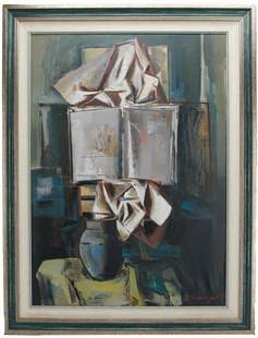Vladimir Sahakyan “Still Life with Book,” 1980 / Armenian artist: Signed and dated 1980 by Armenian artist Vladimir Sahakyan, this expressive oil on canvas painting titled Still Life with Book presents a striking postmodern arrangement of angular fabric and an open