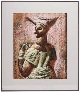 Kamo Nigaryan, Untitled Figure with Flag, 1998 / Armenian artist: This pastel on paper by Armenian artist Kamo Nigaryan captures a stylized female figure with striking Cubist influences, rendered in bold textures and soft light. Holding a small Armenian flag, the su