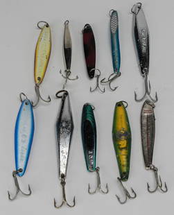 Lot of 10 Miscellaneous Fishing Lures with Hooks – Up to 8" Long: This lot features 10 assorted vintage and modern fishing lures, each equipped with treble hooks, in a variety of colors, finishes, and shapes. The collection includes metal jig-style lures, some stamp