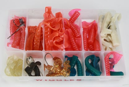 Lot of 40 Assorted Fishing Wiggles with Hooks in Compartment Box