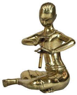 Vintage Brass Flute Player Figurine: This captivating vintage brass figurine depicts a seated male musician playing a flute, often associated with the traditional Indian snake charmer motif. Finely crafted with stylized features and